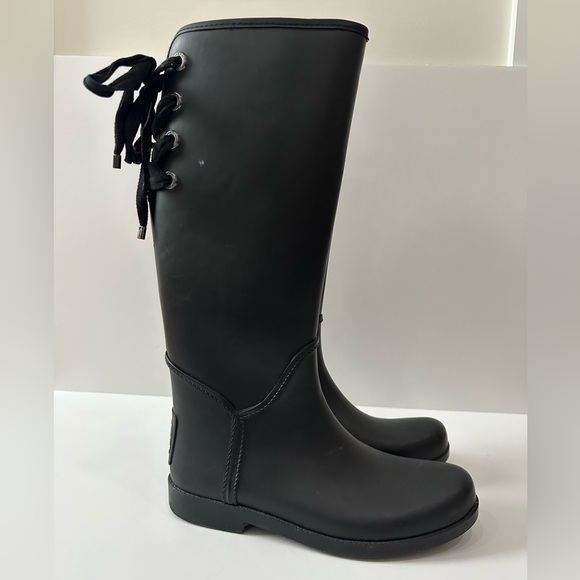 Coach Tristee Tall Rain Boots Women's Size Matte Black Rubber Lace Up Slip On - Picture 3 of 9